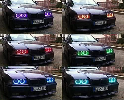 iJDMTOY Multi-Color 120-SMD RGB LED Angel Eyes Halo Ring Lighting Kit w/Adjustable Setting Compatible with BMW E36 E46 3 Series E38 E39 5 7 Series Xenon Front Road Illuminating Lights