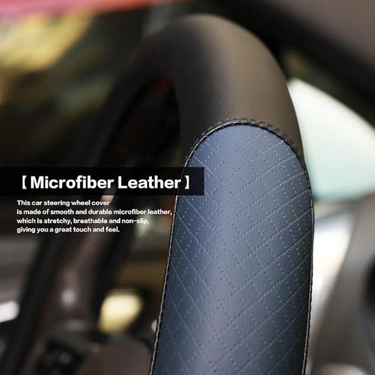 Steering Wheel Cover, Microfiber Leather Splicing with Classic Embossing,Contrasting Colors Anti-Slip Breathable Auto Car Steering Wheel Cover Fit 15 Inch Car Wheel Protector (Black&Blue)