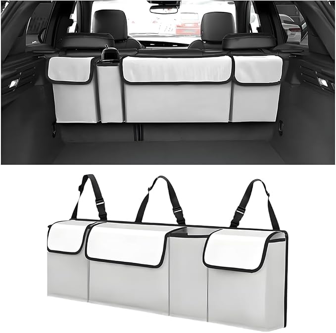 Car Trunk Organizer with Lid, Large Waterproof Vehicle Backseat Hanging Storage Bag with 4 Pockets & Adjustable Straps, Collapsible Automotive Interior Cargo Bag, Universal Fit (White/Grey)