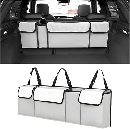 Car Trunk Organizer with Lid, Large Waterproof Vehicle Backseat Hanging Storage Bag with 4 Pockets & Adjustable Straps, Collapsible Automotive Interior Cargo Bag, Universal Fit (White/Grey)
