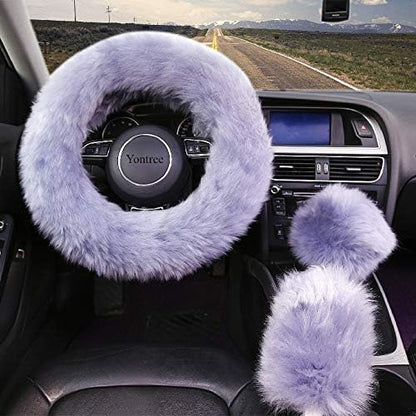 Yontree Fashion Fluffy Steering Wheel Covers for Women/Girls/Ladies Australia Pure Wool 15 Inch 1 Set 3 Pcs (Gray)