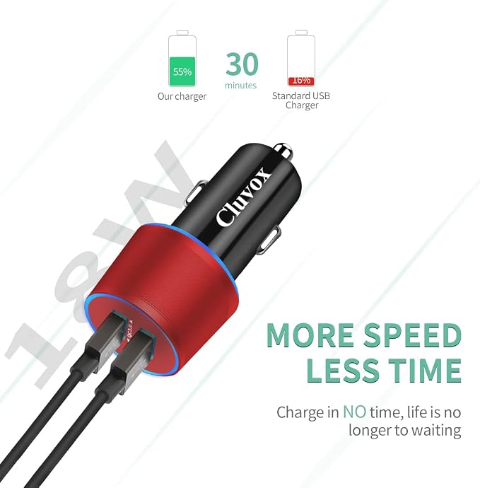 Rapid USB C Car Charger, Compatible for Samsung Galaxy S26/S25 Plus/Ultra/S24/S23/S22/S21/Note 20/S20/S10/S9/A56/A36/A50/A70, Quick Charge 3.0 Dual USB 18W Fast Car Charger+ Type C Cable 3.3ft-Red