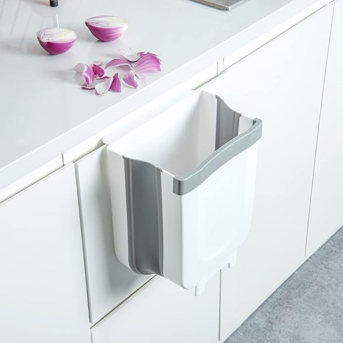 Restaurantware RW Base 11.4 x 10 x 7.1 Inch Foldable Trash Bin 1 Collapsible Garbage Can - Mountable U-Shaped Slot Gray Plastic Trash Can Detachable Retainer Plate With Fixed Feet
