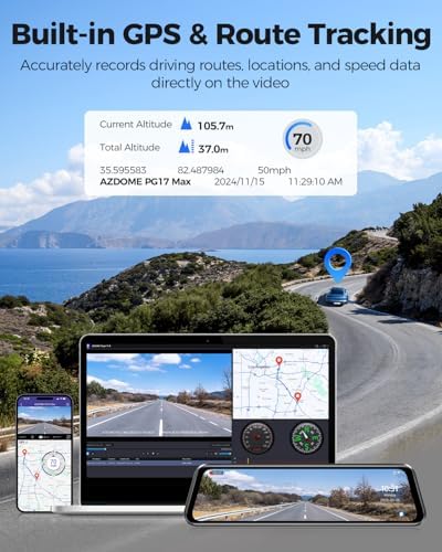 AZDOME PG17 Max Mirror Dash Cam with 3-Lead Type-C USB Hardwire Kit (JYX05)