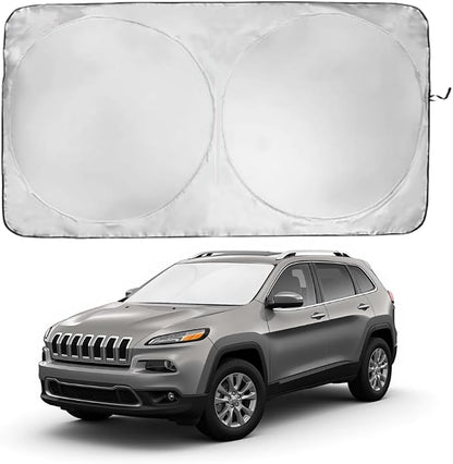 Windshield Sun Shade | Compatible for Jeep Cherokee SUV (2014-2023) | Certified 99.87% UVB & 99.02% UVA Car Sun Shade. Award Winning Sunshade - Patented Technology | Car Shades by Kinder Fluff