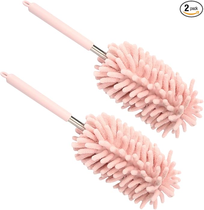 2PCS Car Interior Duster, Soft Chenille Detailing Brush with Extension Pole, Washable Long Handle Cleaning Duster Tool for Auto Dash Vent Window, Universal Home Car Cleaning Supplies (Pink)