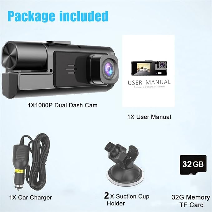 1080P Dual Dash Camera for Car Front and Inside Dashcam Car Security Video Recorder,170°Wide Angle Vehicle Cam,WDR,G-Sensor,2’’ IPS Screen,Loop Recording,Night Vision (Dual Dash Cam with 32G Card)