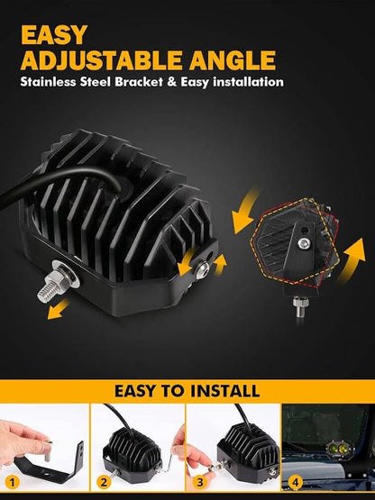 Auxbeam 4 Inch Amber Fog Lights, 60W Square Pod with 5050 LED Yellow Spot Lens Beam Offroad Driving Light with Wiring Harness for Jeep Motorcycle SUV Trucks Boat (2 Pcs)