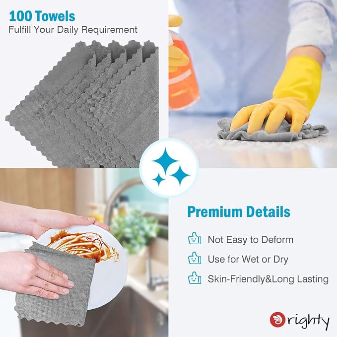Orighty Microfiber Cleaning Cloth, 100 Pack Microfiber Towels for Cars, Multi-Purpose Shop Towels Cleaning Rags Bulk for Car, Home, Kitchen, 11.5’’ x 11.5’’, Grey