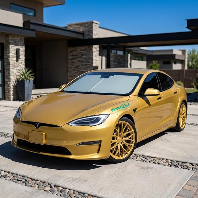 Windshield Sun Shade Compatible for Tesla Model S | Certified 99.87% UVB & 99.02% UVA Car Sun Shade. Award Winning Sunshade - Patented Technology | Car Shades by Kinder Fluff