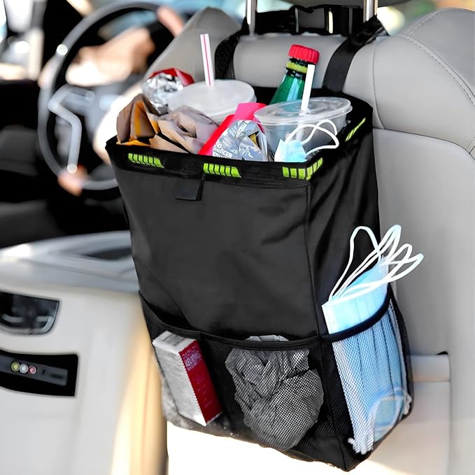 Fekey&JF Hanging Car Trash Can with Storage Pockets, Waterproof Leakproof Oxford Auto Garbage Bag, Multi-Use Organizer for Outdoor Traveling, Foldable Trash Bin for Truck, SUV, Car (Green)