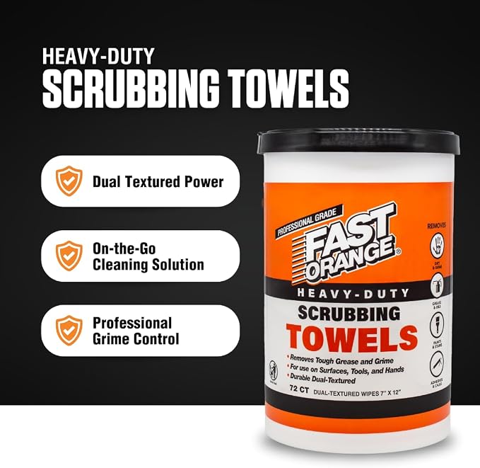 Fast Orange Heavy Duty Scrubbing Towels Removes Tough Grease, Grime, Paint, Resins, Glue and More, for Hands, Tools and Surfaces Without Sticky Residue, 72 ct