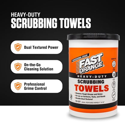 Fast Orange Heavy Duty Scrubbing Towels Removes Tough Grease, Grime, Paint, Resins, Glue and More, for Hands, Tools and Surfaces Without Sticky Residue, 72 ct
