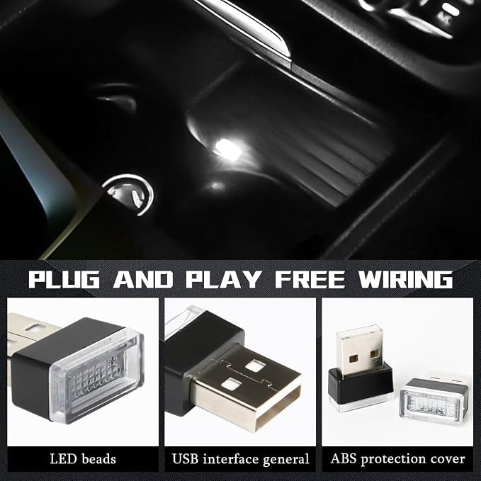 deemars 4PCS USB LED Car Interior Atmosphere Lamp, Car Night Lights, Mini USB LED Decoration Light Ambient Interior Light, Car Accessories Plug-in Interface Ambient Lighting Kit for Most Cars
