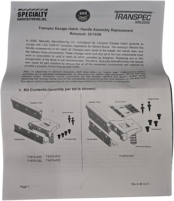 Safe Fleet Transpec T1975-030 Roof Hatch Release Handle Kit | Fits Standard Safety Vents | Replaces 56001243 & 56001249 | White Release-Side Assembly Only