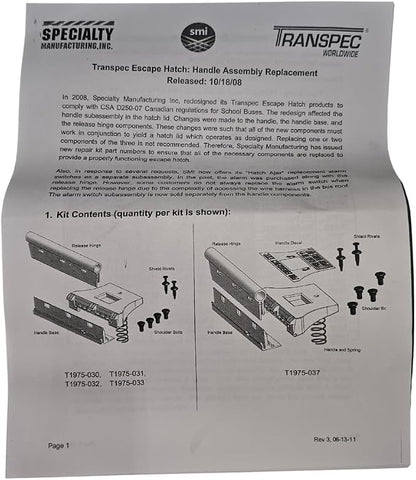 Safe Fleet Transpec T1975-030 Roof Hatch Release Handle Kit | Fits Standard Safety Vents | Replaces 56001243 & 56001249 | White Release-Side Assembly Only