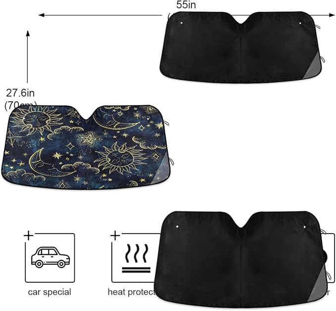 Sun Moon Boho Cosmos Astrology Window Shade Sun Shade with 4 Suction Cups Sturdy Sun Visors Keeping Cars Cooler,Easy to Fold,55" L x 27.6" W