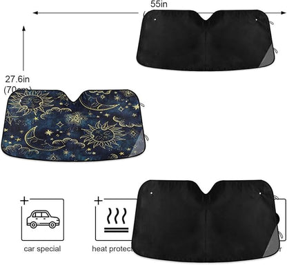 Sun Moon Boho Cosmos Astrology Window Shade Sun Shade with 4 Suction Cups Sturdy Sun Visors Keeping Cars Cooler,Easy to Fold,55" L x 27.6" W