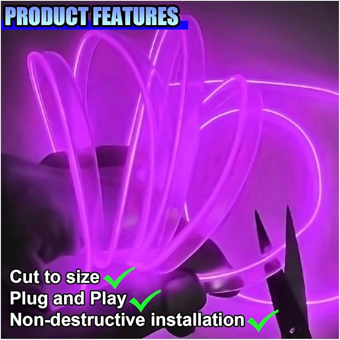 ZIMISI EL Wire Car Interior LED Strip Lights, 5V 16FT Neon Light Strip with Sewing Edge, USB Electroluminescent Car Interior Lights with Fuse Protection, Vehicle Ambient Lighting Decorations (Purple)