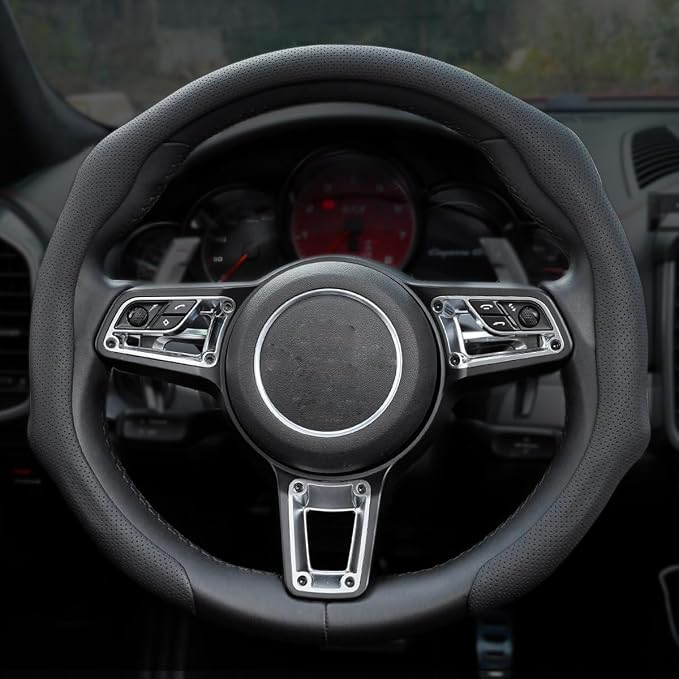 Nappa Leather Car Steering Wheel Cover Non Slip Vehicle Steering Wheel Cover Trim Protector, Quick Install Comfy Automotive Interior Decor, Universal fit 14½ to 15 inches Car Pickup SUV