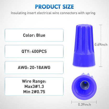 Nilight 400PCS Blue Wire Connectors Kit 20-18 AWG Electric Wire Caps Insulating Insert Twist Electrical Wire Terminal with Spring for Connect Electrical Wiring Automotive Car Truck Boats Marine