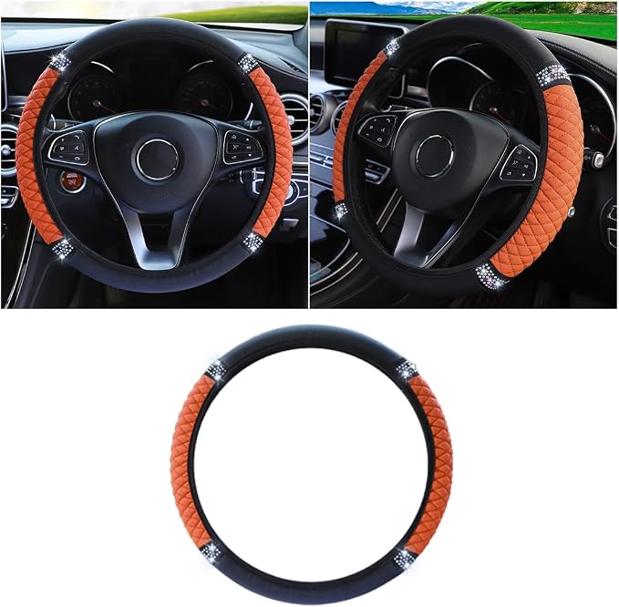 Bling Soft Leather Steering Wheel Cover, 15 Inch Colorful Rhinestones Auto Elastic Protector with Crystal Diamond for Women Girls, Car Accessories for Most Cars, SUVs (Orange)