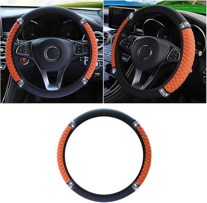Bling Soft Leather Steering Wheel Cover, 15 Inch Colorful Rhinestones Auto Elastic Protector with Crystal Diamond for Women Girls, Car Accessories for Most Cars, SUVs (Orange)