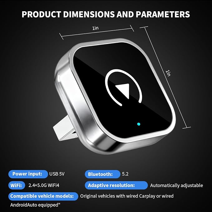 Wireless CarPlay and Android Auto Adapter, Ultra-Compact Aluminum Design with Dual-Band Technology, USB-C/USB-A Compatible for Wired CarPlay Vehicles