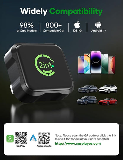 2026 Upgraded Wireless CarPlay & Android Auto Adapter, 2-in-1 Mini Size Plug and Play Adapter for iPhone & Android Auto, Seamless Connection for Convert Wired to Wireless Car Play, USB/USB-C Port