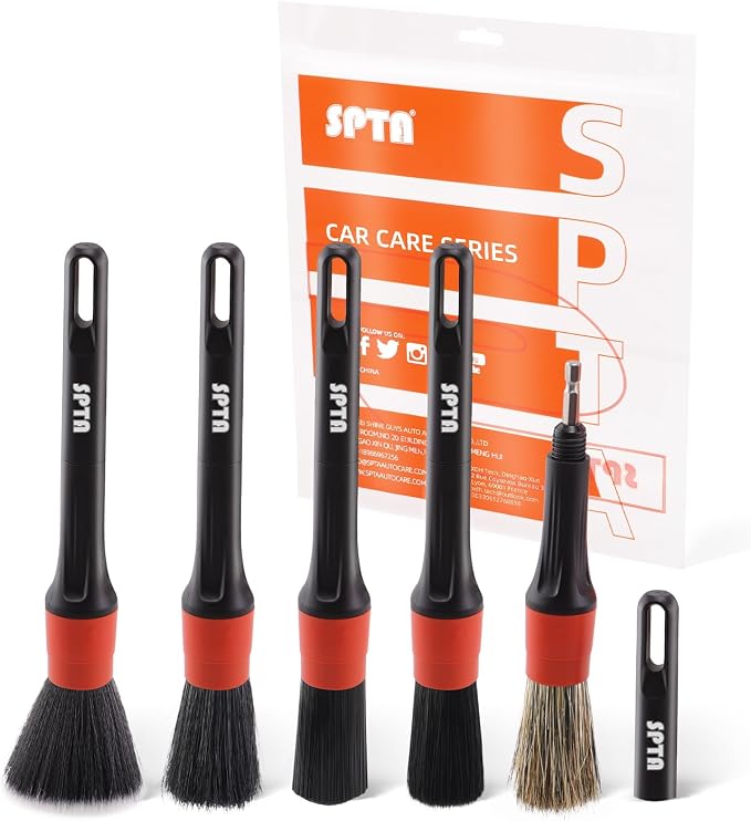 Car Drill Brush, Drill Brush Attachment SPTA 5Pcs Detachable Car Care Detailing Brush Set Soft No Scratch Boar Hair Detail Brush Car Care Detail Brush for Air Vent Automotive Interior Exterior -DF075