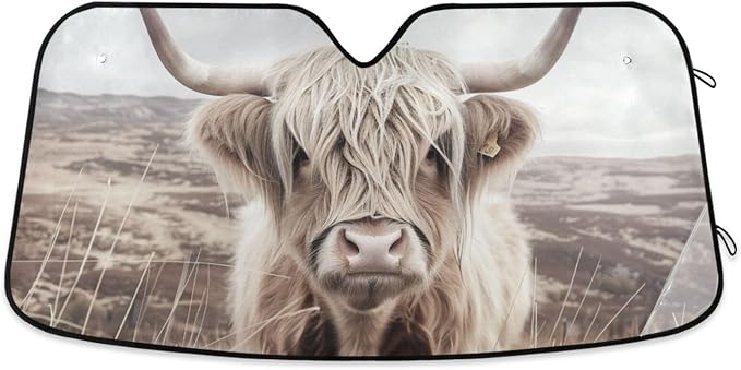 Windshield Sun Shade Highland Cattle Cow Mountain Front Window Block UV Shades Visor Reflective Retractable for Car SUV Trucks
