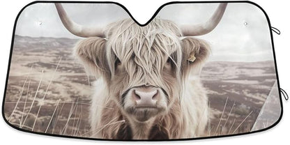 Windshield Sun Shade Highland Cattle Cow Mountain Front Window Block UV Shades Visor Reflective Retractable for Car SUV Trucks