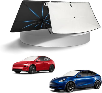 KUST Sun Shade Umbrella for 2017-2026 Tesla Model Y/Model 3 Sunshade Accessories (Fit 25-26 Model Y Juniper / 2024 Model 3 Highland) Upgraded Foldable Sunshade Umbrella, Blocks UV Rays Keep Car Cool