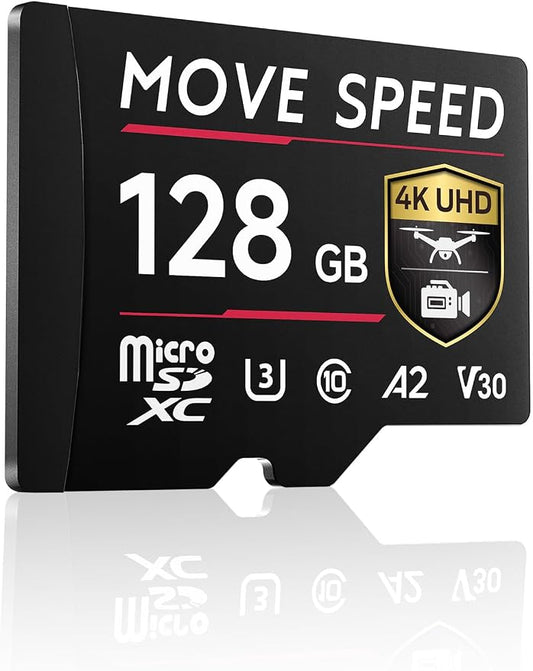 MOVE SPEED 128GB Professional microSDXC Memory Card, U3 V30 A2, Up to 170MB/s Read, 4K UHD Recording, High-Speed TF Card for Cameras, Drones, Dash Cams, Android & Handheld Gaming
