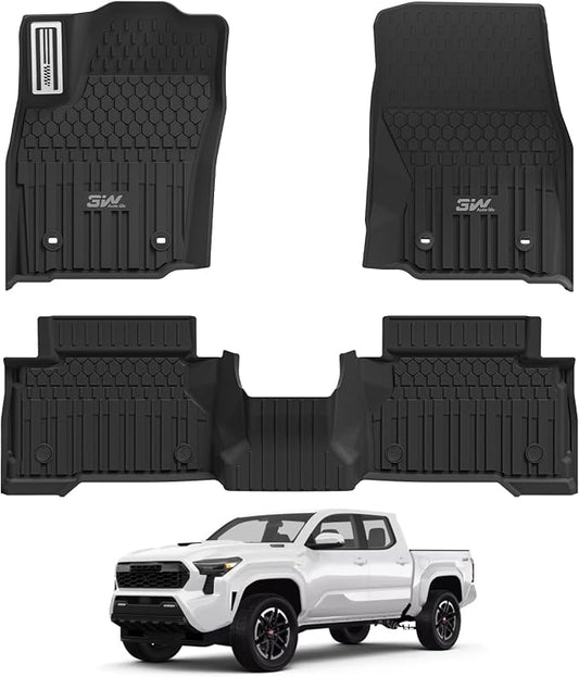 3W Floor Mats Fit for Toyota Tacoma Hybrid 2024 2025 2026 with Metal Pedals, TPE All Weather Custom Fit Floor Liner for Tacoma Accessories 1st and 2nd Row Full Set Car Mats Easy Clean, Black