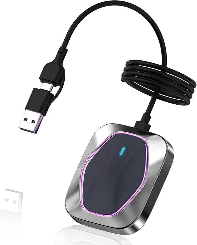 Wireless CarPlay Adapter for iPhone,Convert Wired to Apple CarPlay Wireless Adapter, Plug and Play, with 60CM Extension Cable USB & Type-C, Connection Stable No Delay