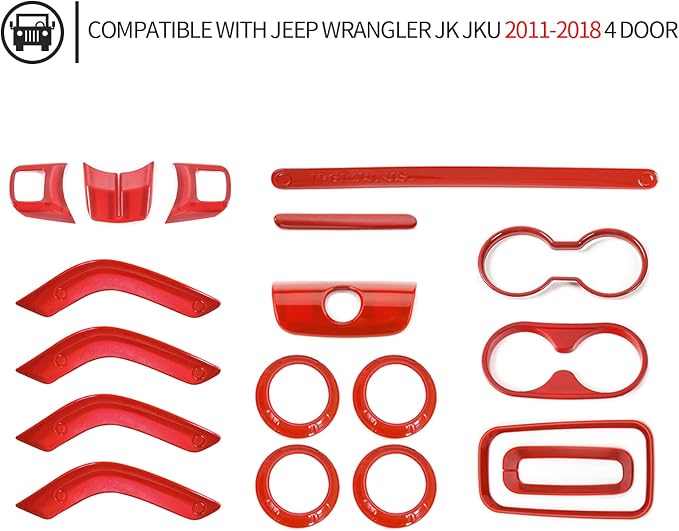 18PCS Full Set Interior Trim Kit for Jeep Wrangler JK JKU 2011-2018 4 Door,Center Console Door Handle Side Outlet Cup Holder Gear Cover Trim (Red)