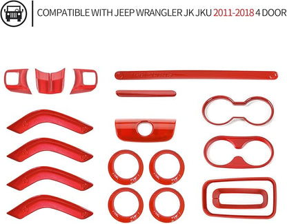 18PCS Full Set Interior Trim Kit for Jeep Wrangler JK JKU 2011-2018 4 Door,Center Console Door Handle Side Outlet Cup Holder Gear Cover Trim (Red)