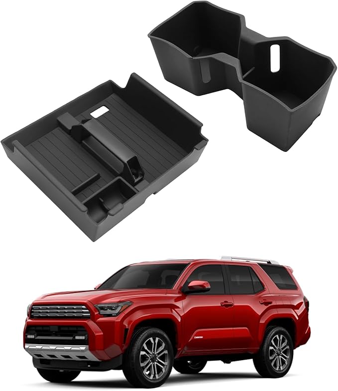Center Console Organizer Set for 2025-2026 Toyota 4Runner - 2 Pcs Armrest Box Storage Tray with Removal Coin Slot + Silicone Cup Holder Insert for 2025-2026 4Runner Interior Accessories