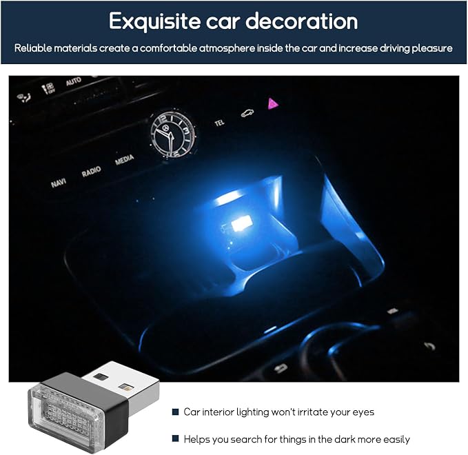 Dickno 4 PCS USB LED Car Interior Atmosphere Lamp, Portable Mini LED Night Light, Plug-in USB Interface Trunk Ambient Lighting Kit, Universal Vehicle Interior Accessories (Ice Blue)