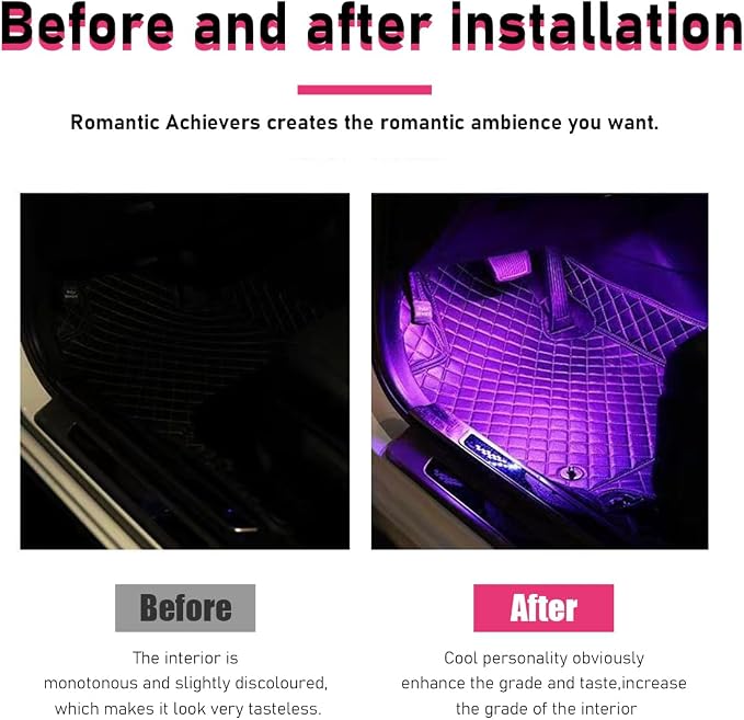 Car LED Strip Light, 24 LEDs RGB Neon Interior Atmosphere Lights, 12V Under Dash Ambient Night Light, Cigarette Lighter Auto Interior Decorative Lamp, Car Accessories (Pink Purple)