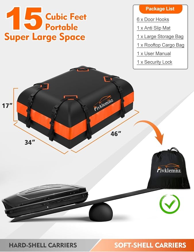 FIVKLEMNZ Rooftop Cargo Carrier - 15 Cubic Waterproof Roof Top Cargo Bag for All Cars SUVs with/Without Rack, Heavy Duty 840D Car Roof Bag with Anti-Slip Mat, 8 Reinforced Straps, 6 Door Hooks & Lock