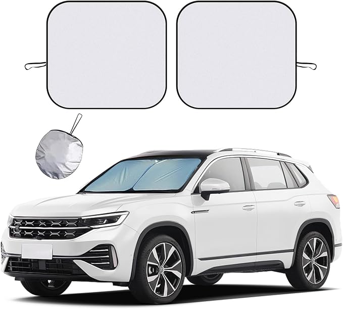 Ziciner 2 PCS Car Windshield Sun Shade, Auto Sun Heat and UV Rays Blocker, 28"×31" Foldable Automotive Front Window Sunshade Protector, Universal Vehicle Interior Accessories (Silver-M)