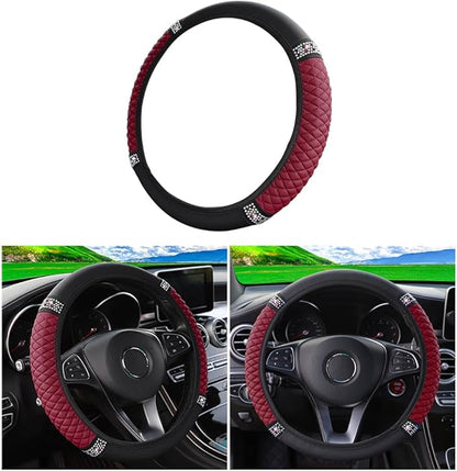 Osilly Bling Car Steering Wheel Cover, 15 Inch Rhinestones Soft Leather Elastic Steering Wheel Protector, Sparkly Crystal Diamond for Women Girls (Wine Red)