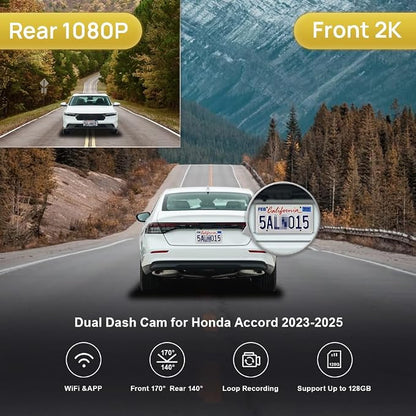 Fitcamx Front 2K+Rear 1080P Dash Cam Suitable for Honda Accord 2023 2024 2025 Hybrid Sport LX EX Touring EX-L (Gen11), OEM Look, Dual HD Video, Loop Recording WiFi, G-Sensor, Easy to Set, 64GB Card