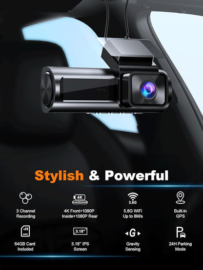 4K 3 Channel Dash Cam Front and Rear Inside, Built-in 5.8GHz WiFi GPS, 64GB Card Included, 4K+1080P+1080P Dash Camera for Cars, 3.18'' IPS Screen Dashcam with G-Sensor, 24H Parking Monitor