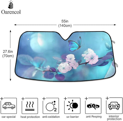 Butterfly Flowers Car Windshield Sun Shade Yellow Pink Floral Blue Foldable UV Ray Sun Visor Protector Sunshade to Keep Your Vehicle Cool (55" x 27.6")