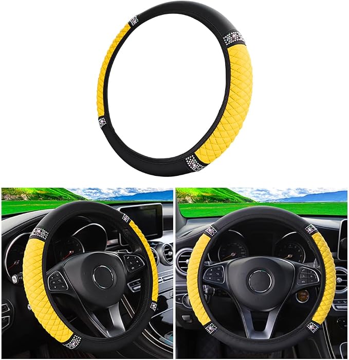 Osilly Bling Car Steering Wheel Cover, 15 Inch Rhinestones Soft Leather Elastic Steering Wheel Protector, Sparkly Crystal Diamond for Women Girls (Yellow)