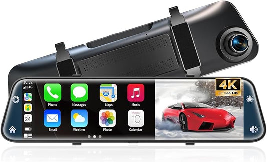 4K Rear View Mirror Camera with Carplay&Android Auto,12" Mirror Dash Cam Front and Rear with Voice Control for Cars&Trucks,Smart Touch Screen,64GB Card Included/Loop Record/Reverse Assist