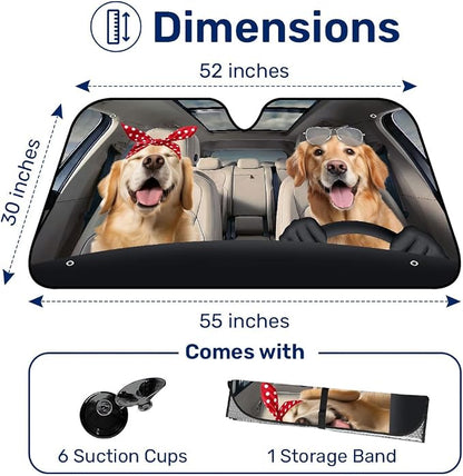 GENANY Cute Golden Retriever Dog Couple Funny Windshield Sun Shade for Car SUV Truck (55x30 Inches), Sun Shade Windshield, Protector Blocks UV, Spring Car Decor